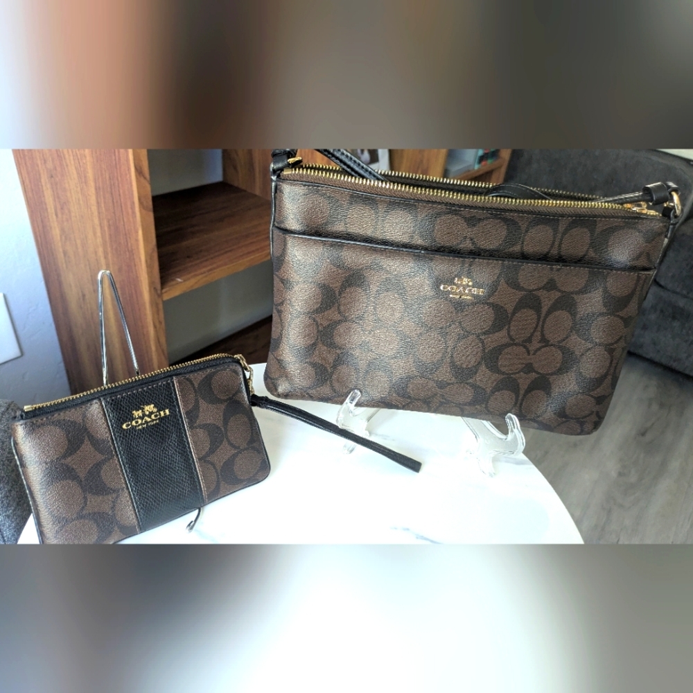 Coach Signature East West Dark Brown Crossbody Leather Bag.